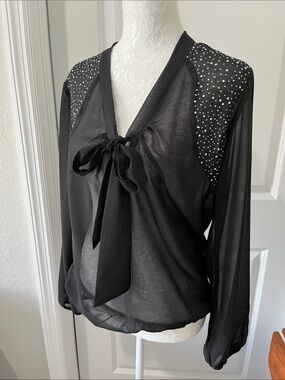 Spoiled Black Chiffon Sheer  Bow-Front Blouse with Rhinestone Shoulders